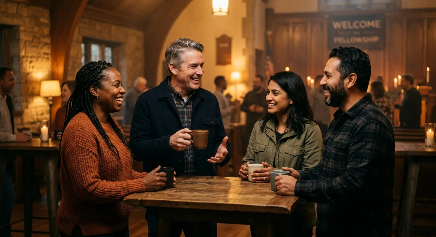 Adults in conversation after service
